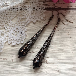 Copper filigree earrings, black earrings, Victorian gothic jewellery, steampunk jewelry, girlfriend gift, gift for her, dangle earrings