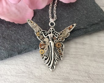 Steampunk angel pendant, clockwork fairy necklace, upcycled accessories, gift for her, quirky jewellery, celestial gift