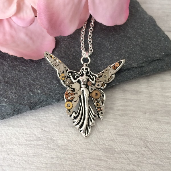 Steampunk angel pendant, clockwork fairy necklace, upcycled accessories, gift for her, quirky jewellery, celestial gift