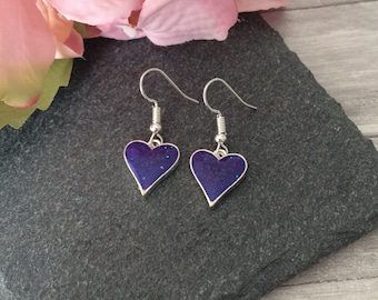 Delicate heart drop earrings, purple accessories, resin jewellery, gift for her, stocking filler, romantic gift