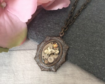 Steampunk necklace, cyberpunk jewellery, clockwork pendant, upcycled gift, gift for her, one of a kind