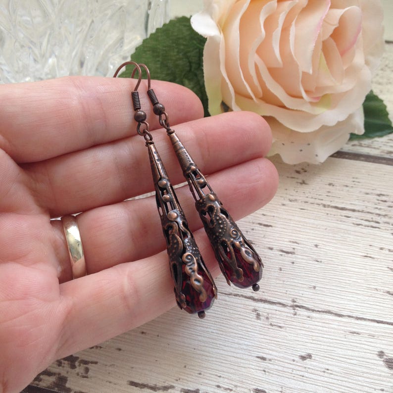 Red Copper Earrings, Filigree Cone Earrings, Victorian Gothic Jewellery