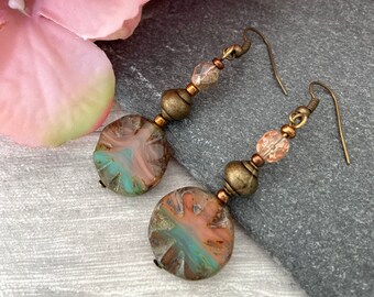 Boho drop earrings, beaded earrings, dangle earrings, bronze jewellery, vintage style, gift for her