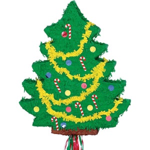 May include: A green Christmas tree pinata with yellow garland, red and white candy canes, and colorful ornaments.