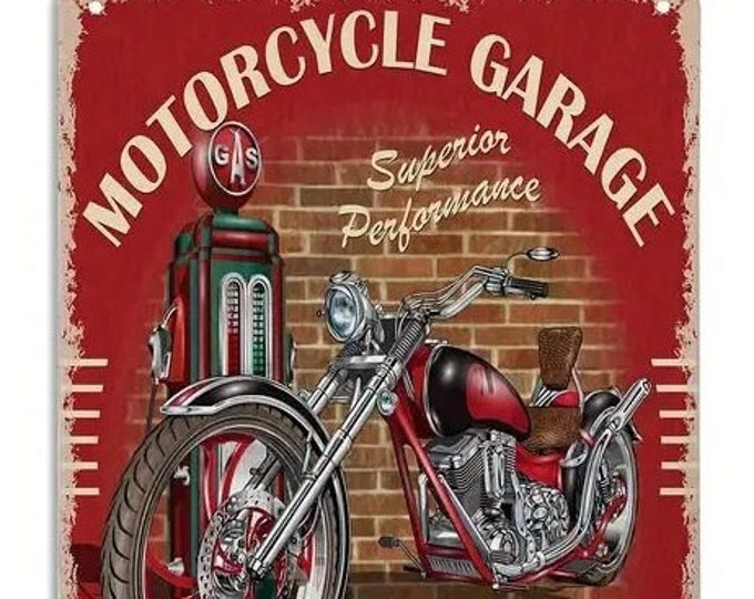 Motorcycle Garage Custom Parts Service & Repair- Reproduction Retro Vintage Metal Sign - 8x12 Inch