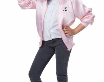 Girls 50s Satin Varsity Jacket with Iron-On Monograms & Scarf - Retro Costume
