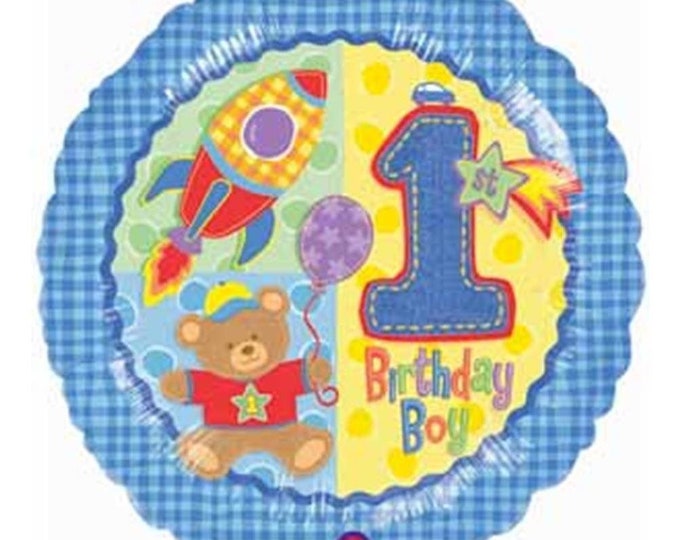 18" Hugs and Stitches Boy 1st Birthday Balloon
