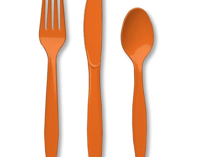Orange Premium Plastic Forks, Spoons, Knives Cutlery - Pkg of 24 - 8ea