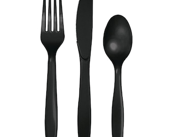 Black Premium Plastic Forks, Spoons, Knives Cutlery - Pkg of 24 - 8ea