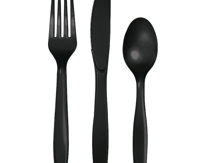 Black Premium Plastic Forks, Spoons, Knives Cutlery - Pkg of 24 - 8ea