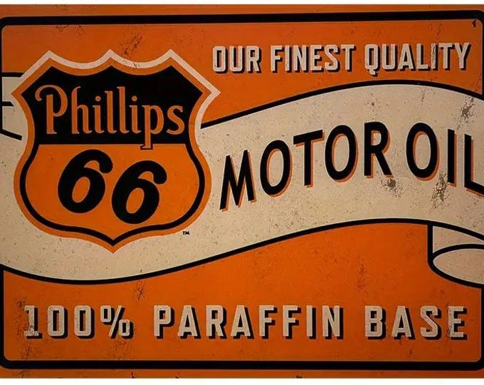 Phillips 66 Motor Oil - Our Finest Quality 100% Paraffin Base Metal Sign - 8x12 Inch