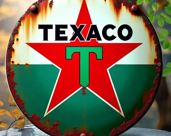 Texaco Star 2D Rustic Looking Round Gas Station Metal Sign