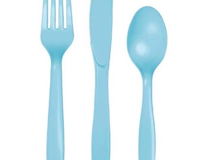 Light Blue Premium Plastic Forks, Spoons, Knives Cutlery - Pkg of 24 - 8ea
