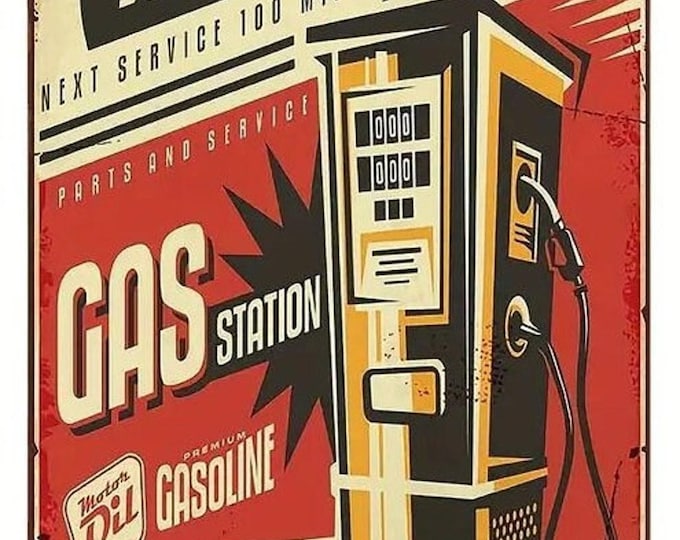 7/24 gas station gasoline pump themed tin sign - 8x12 inch