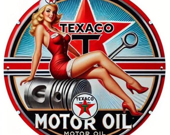 Texaco Motor Oil Round Pin-Up Girl Metal Sign - 8x8 Inch