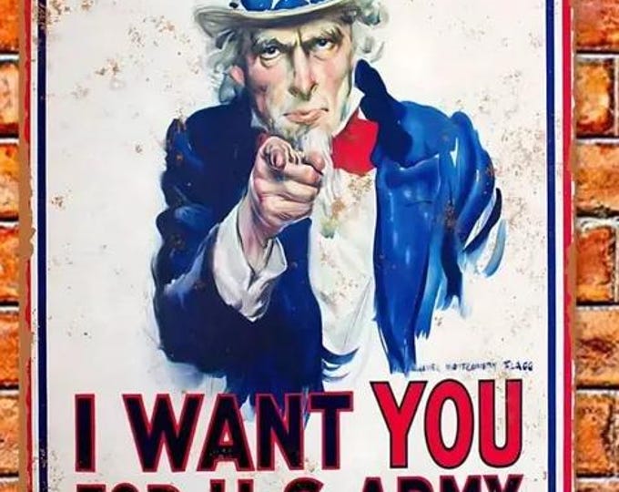 New, Reproduction Uncle Sam I Want You for U.S. Army Metal Sign - 8x12 Inch