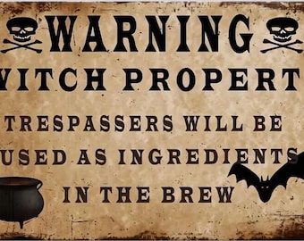 Warning Witch Property Metal Sign - 8x12 Inch