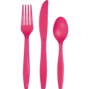 Hot Pink Plastic Cutlery Set, Reusable, 24 Piece