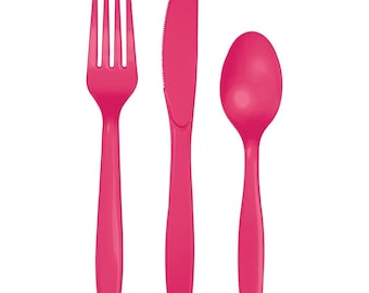 Hot Pink Plastic Cutlery Set, Reusable, 24 Piece