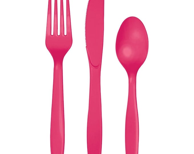 Hot Pink Magenta Premium Plastic Forks, Spoons, Knives Cutlery - Pkg of 24 - 8ea