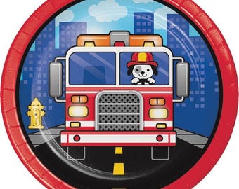 Flaming fire truck dessert plates (8) - birthday party supplies