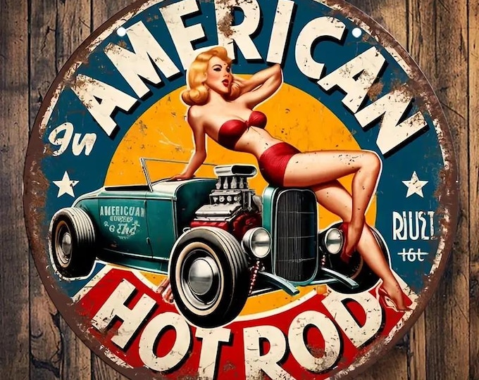 American Hot Rod Pin-Up Girl Metal Sign