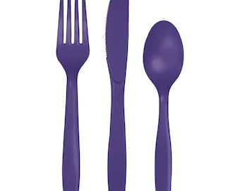 Purple Premium Plastic Forks, Spoons, Knives - Pkg of 24 - 8ea