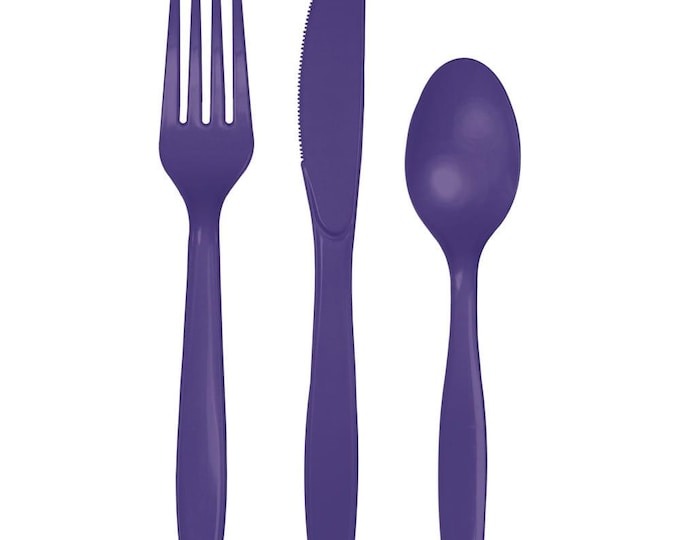 Purple Premium Plastic Forks, Spoons, Knives - Pkg of 24 - 8ea