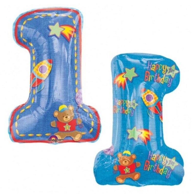 May include: Two blue foil balloons shaped like the number one. One balloon has a teddy bear and rocket ship design with the text "Happy 1st Birthday". The other balloon has a teddy bear and rocket ship design with the text "Happy 1st Birthday".