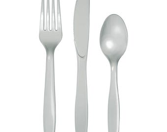 Silver Premium Plastic Forks, Spoons, Knives - Pkg of 24 - 8ea