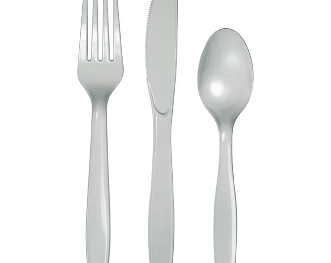Silver Premium Plastic Forks, Spoons, Knives - Pkg of 24 - 8ea