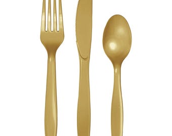 Gold Premium Plastic Forks, Spoons, Knives Cutlery - Pkg of 24 - 8ea