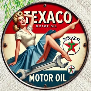 Texaco Motor Oil Rustic Looking Round Gas Station Tin Sign - 8x8 Inch