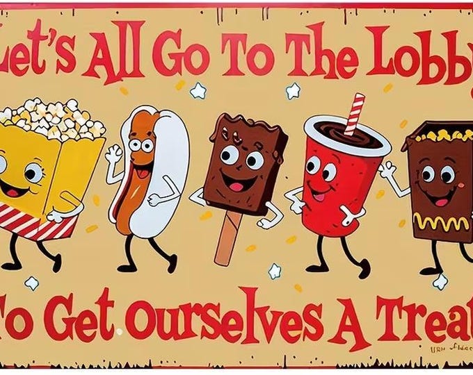 Let's All Go to the Lobby to Get Ourselves a Treat - Reproduction Retro Vintage Movie Theater Tin Sign - 8x12 Inch