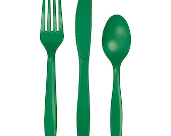 Green Plastic Forks, Spoons, Knives Cutlery - Pkg of 24 - 8ea