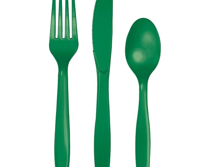Green Plastic Forks, Spoons, Knives Cutlery - Pkg of 24 - 8ea