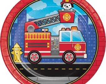 Flaming fire truck dinner plates (8) - birthday party supplies