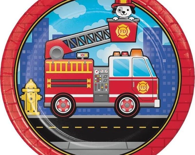 Flaming fire truck dinner plates (8) - birthday party supplies