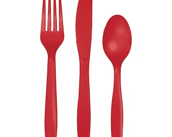 Red Plastic Forks, Spoons, Knives Cutlery - Pkg of 24 - 8ea