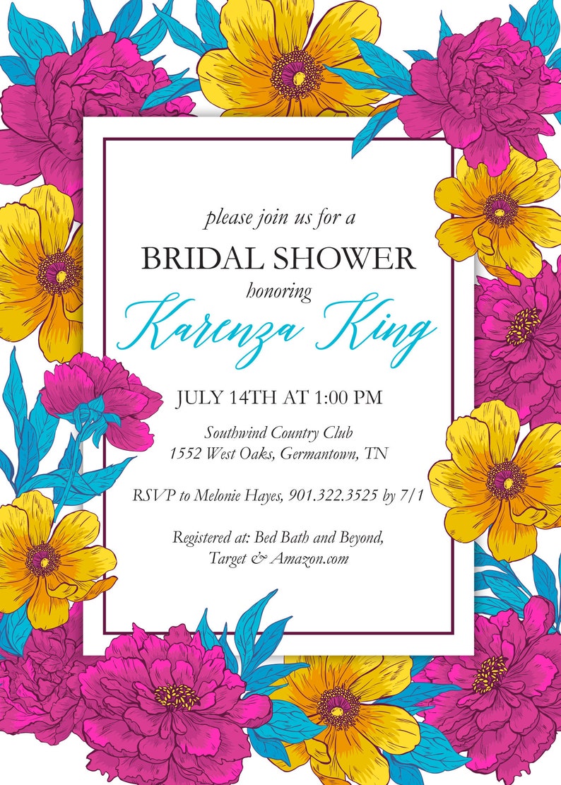 5x7 Bridal Shower Invitation Hot Pink /& Gold Flowers Teal Envelopes Included Free Shipping
