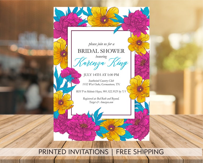 5x7 Bridal Shower Invitation Hot Pink /& Gold Flowers Teal Envelopes Included Free Shipping