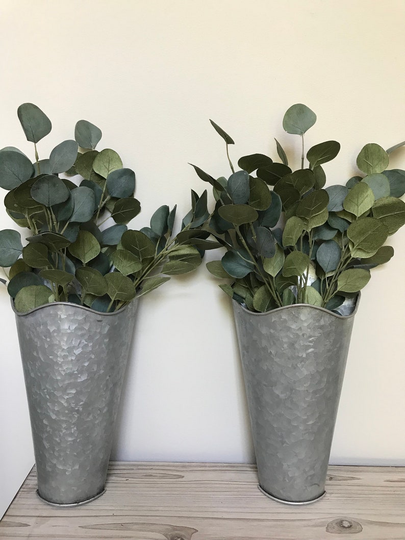 Galvanized Metal Wall Planters Farmhouse Tin Pocket Rustic Home Decor Set Of 2 With Eucalyptus Stems