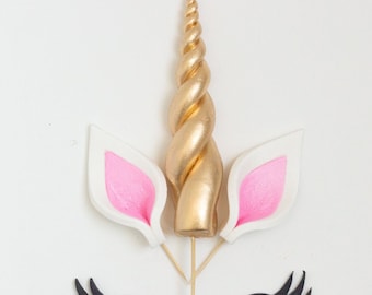 Gold Fondant Unicorn Horn with Pink and White Ears