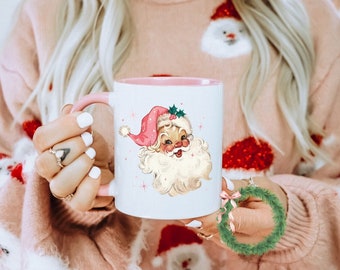 Retro Santa Pink Christmas Coffee Mug, Merry and Bright Holiday Mug, Hot Cocoa Coffee Mug