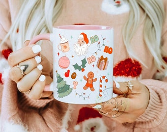 Retro Gingerbread Man Pink Christmas Coffee Mug, Merry and Bright Holiday Mug, Hot Cocoa Coffee Mug