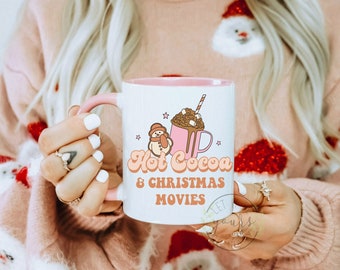 Hot Cocoa And Christmas Movies Mug, Pink Christmas Mug, Cute Christmas Gift Ideas For Her