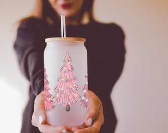 Christmas Tree Wrap Iced Coffee Tumbler, Pink Christmas Coffee Mug
