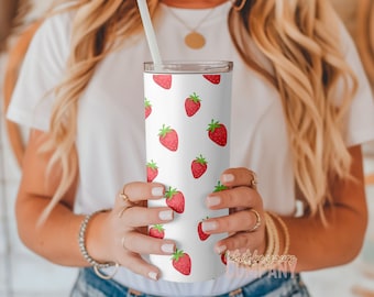 Personalized Strawberry Tumbler 20 oz Skinny - Custom Name Tumbler - Summer Drinkware - Gift For Her - Insulated Travel Cup