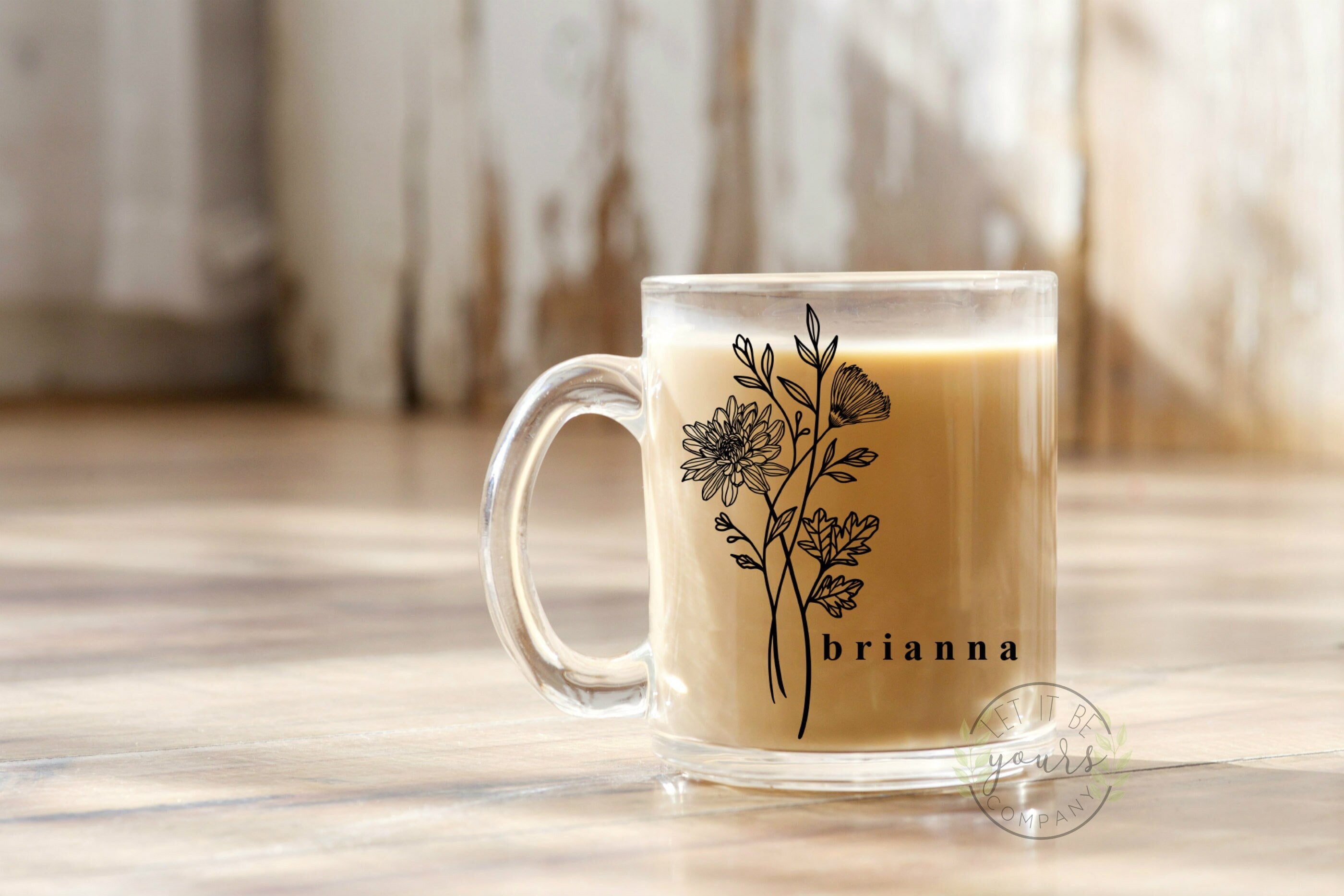 Personalized Floral Glass mug, Floral wreath plant mug, Cappuccino mug –  LisbonBlue