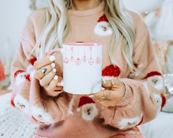 Pink Christmas Coffee Mug, Merry and Bright Holiday Mug, Hot Cocoa Coffee Mug, Pink Retro Christmas Mug, Christmas Gift For Her